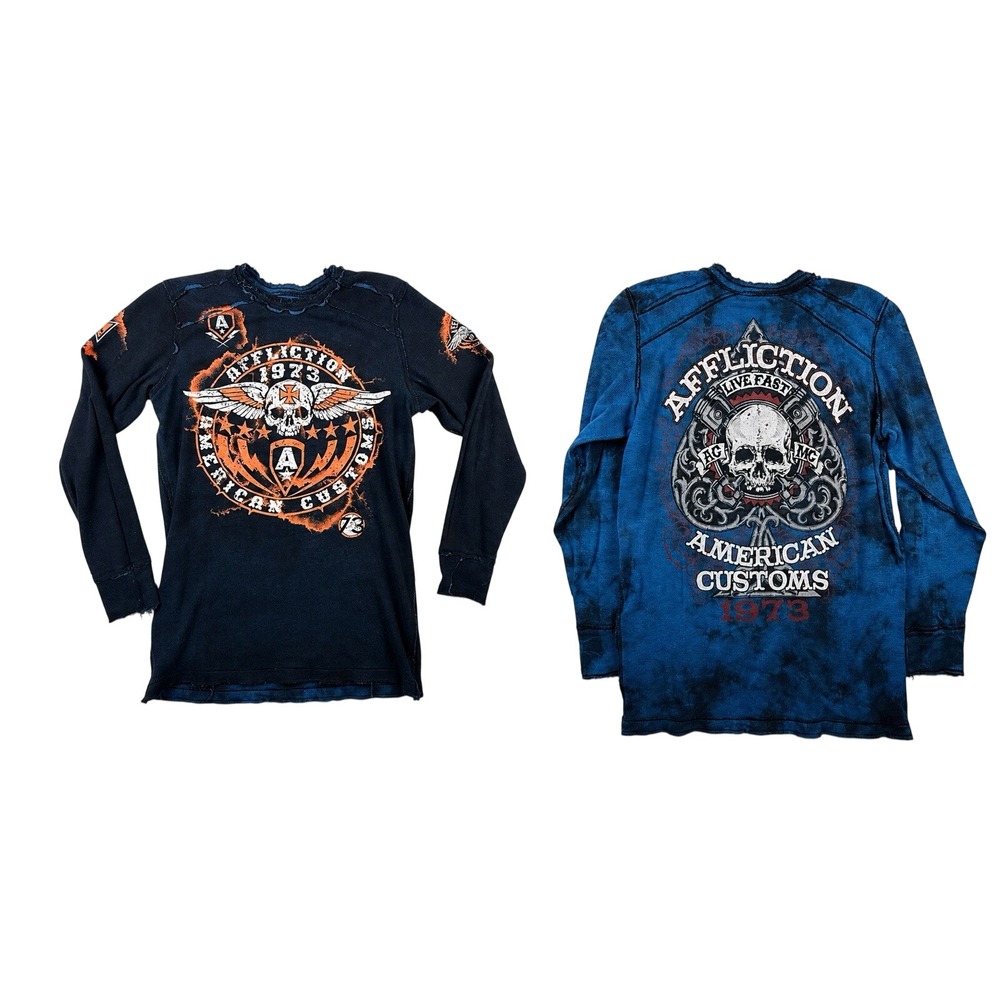 VTG Affliction Reversible Shirt Men XL Blue Knit‎ Thermal Skulls 90s Y2K Grunge